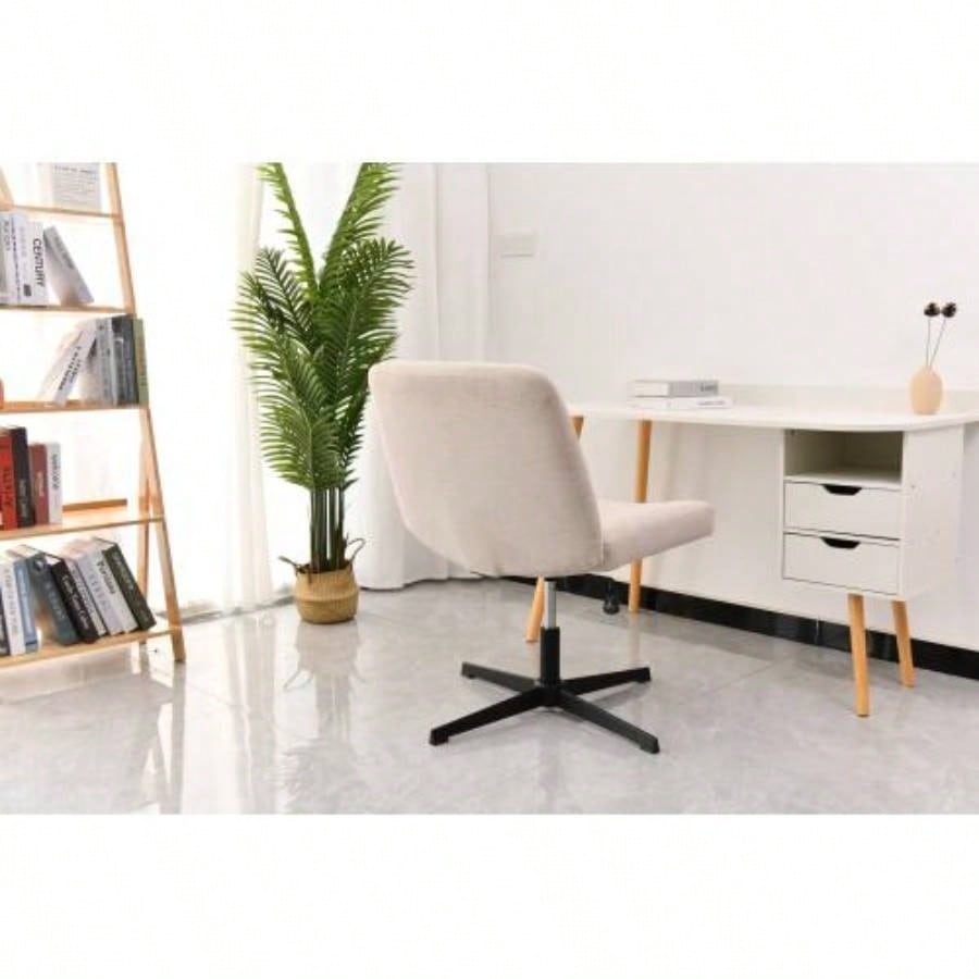 Legged Office Chair, Wide Comfty Desk Chair, Fabric Vanity Home Chair No Wheels Armless Computer Task Chair, Swivel and Height Adjustable
