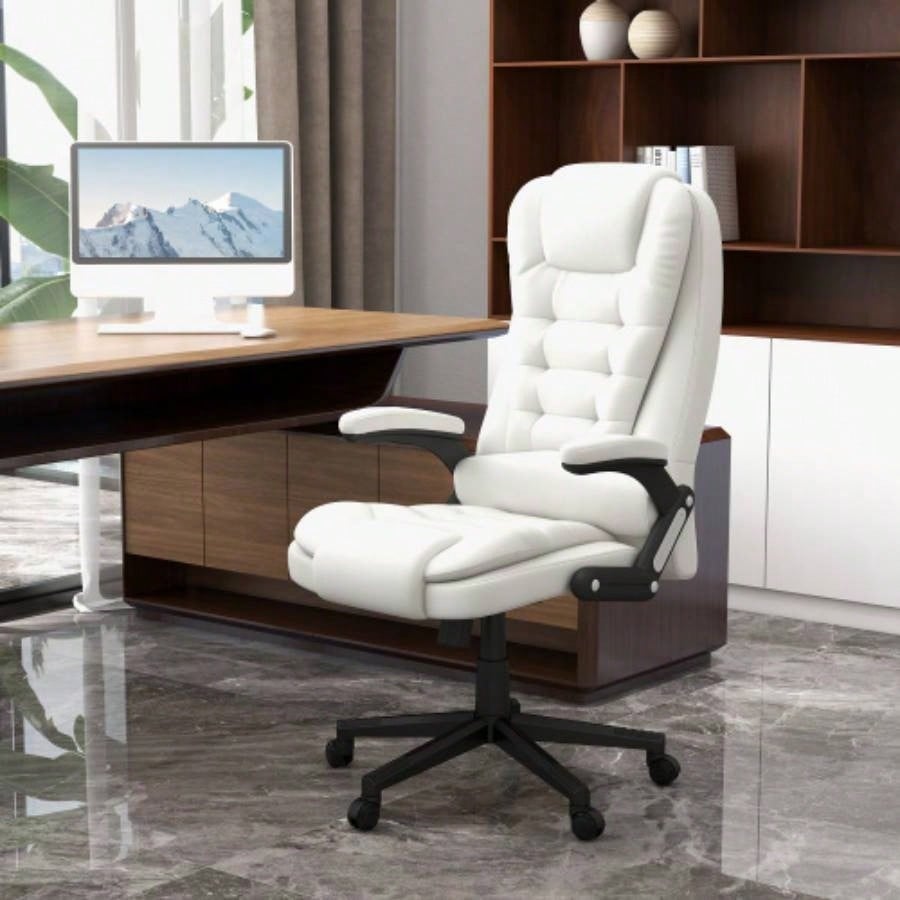 HOMCOM High Back Vibration Massage Office Chair with 6 Vibration Points, Heated Reclining PU Leather Computer Chair with Armrest and Remote, White