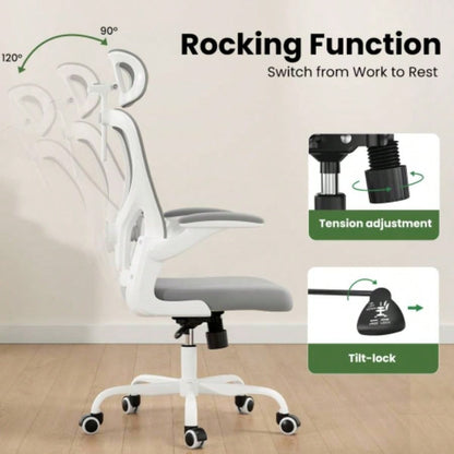 Ergonomic Office Chair, Home Office Desk Chair with Headrest, High Back Computer Chair with Armrests and Adjustable Lumbar Support Home Office Study Room, White Gray