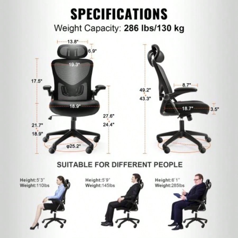 Office Chair with Adjustable Lumbar Support, High Back Ergonomic Desk Chair with Adjustable Headrest, Ergonomic Office Chair Backrest with 2D Armrest, Computer Chair Home, Office