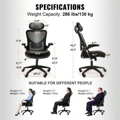 Office Chair with Adjustable Lumbar Support, High Back Ergonomic Desk Chair with Adjustable Headrest, Ergonomic Office Chair Backrest with 2D Armrest, Computer Chair Home, Office
