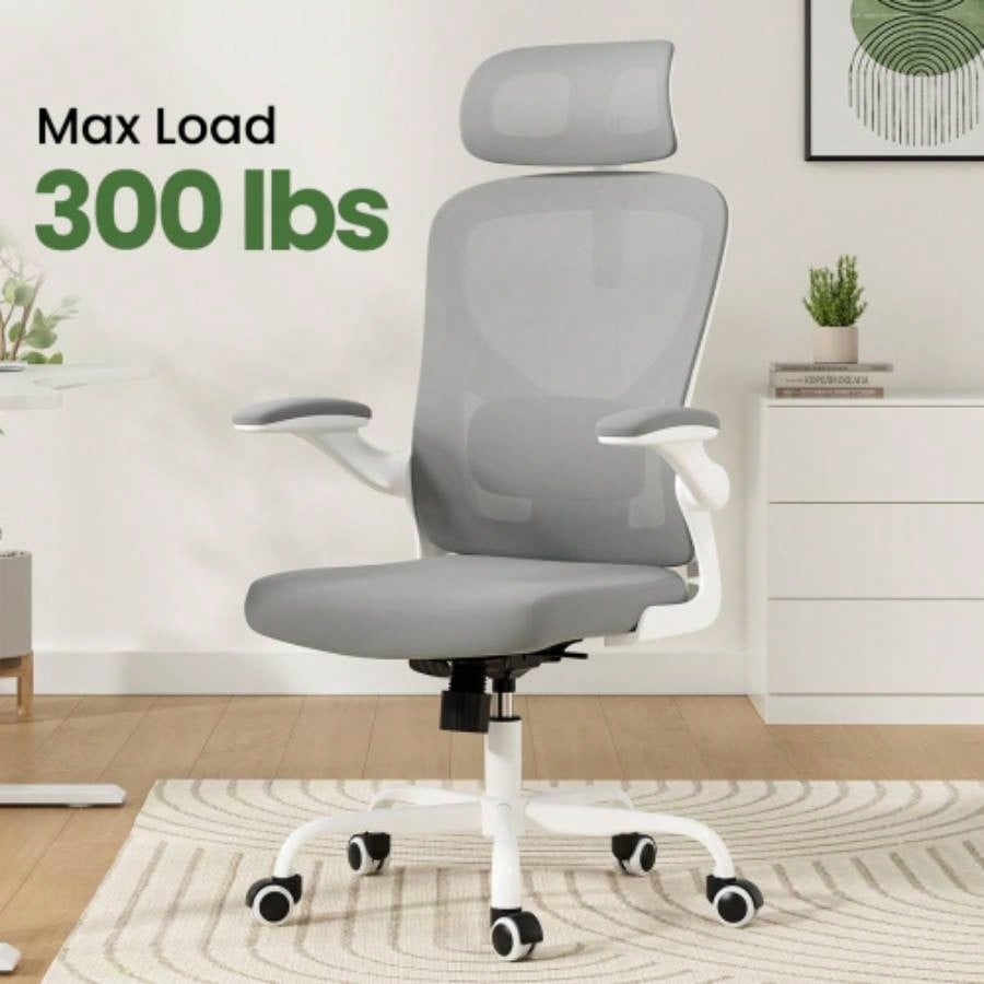 Ergonomic Office Chair, Home Office Desk Chair with Headrest, High Back Computer Chair with Armrests and Adjustable Lumbar Support Home Office Study Room, White Gray