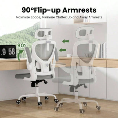 Ergonomic Office Chair, Home Office Desk Chair with Headrest, High Back Computer Chair with Armrests and Adjustable Lumbar Support Home Office Study Room, White Gray