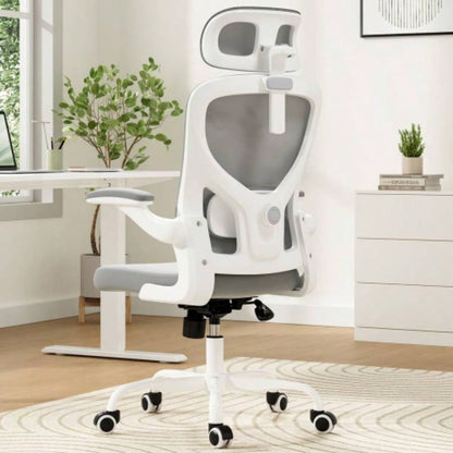 Ergonomic Office Chair, Home Office Desk Chair with Headrest, High Back Computer Chair with Armrests and Adjustable Lumbar Support Home Office Study Room, White Gray