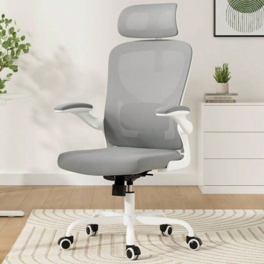 Ergonomic Office Chair, Home Office Desk Chair with Headrest, High Back Computer Chair with Armrests and Adjustable Lumbar Support Home Office Study Room, White Gray
