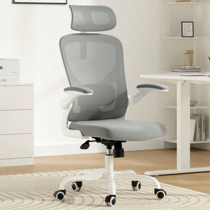 Ergonomic Office Chair, Home Office Desk Chair with Headrest, High Back Computer Chair with Armrests and Adjustable Lumbar Support Home Office Study Room, White Gray