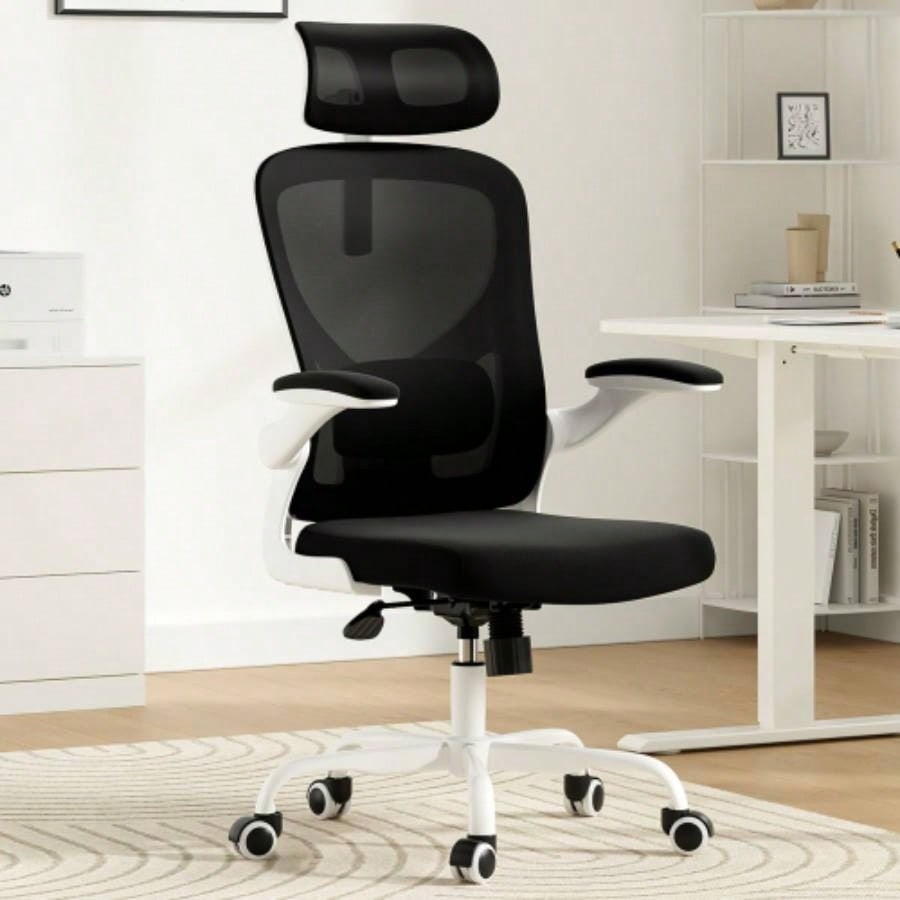 Ergonomic Office Chair, Home Office Desk Chair with Headrest, High Back Computer Chair with Armrests and Adjustable Lumbar Support Home Office Study Room, White Gray