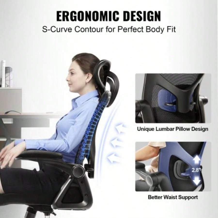 Office Chair with Adjustable Lumbar Support, High Back Ergonomic Desk Chair with Adjustable Headrest, Ergonomic Office Chair Backrest with 2D Armrest, Computer Chair Home, Office