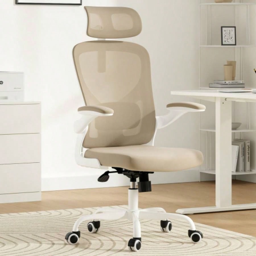 Ergonomic Office Chair, Home Office Desk Chair with Headrest, High Back Computer Chair with Armrests and Adjustable Lumbar Support Home Office Study Room, White Gray