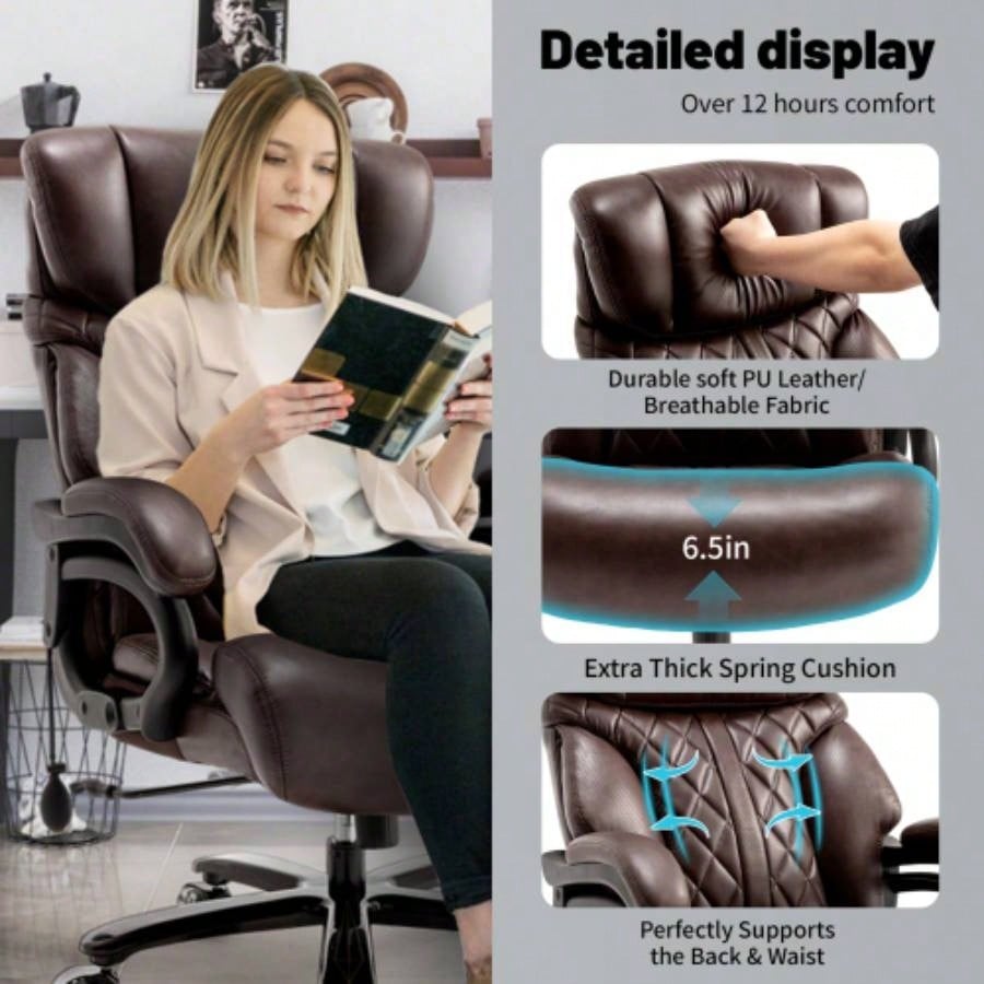 600LBS Big and Tall Office Chair Heavy People, Wide and Adjustable Lumbar, Heavy Duty Executive Chair with High Back, Large Computer Desk Chair Comfortable Home Office