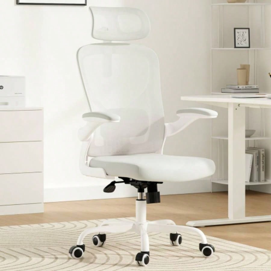Ergonomic Office Chair, Home Office Desk Chair with Headrest, High Back Computer Chair with Armrests and Adjustable Lumbar Support Home Office Study Room, White Gray