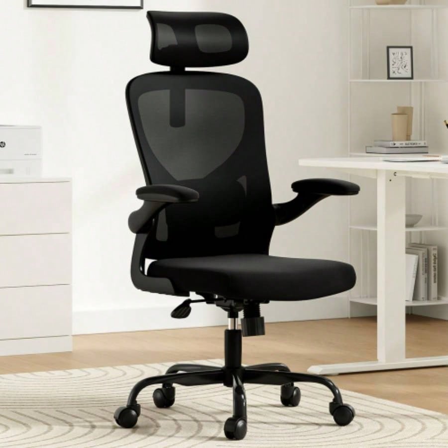 Ergonomic Office Chair, Home Office Desk Chair with Headrest, High Back Computer Chair with Armrests and Adjustable Lumbar Support Home Office Study Room, White Gray
