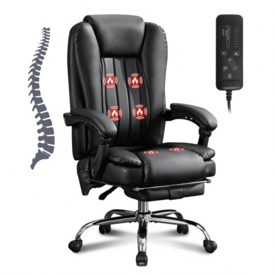 Massage Office Chair with Heat and 6 Vibration Points, Executive Office Chair with Foot Rest and Padded Armrests, Reclining Backrest and Wheels