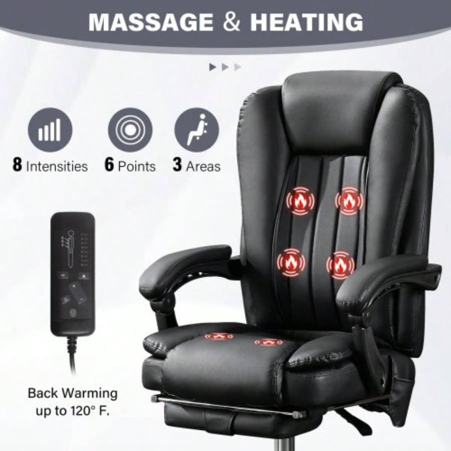 Massage Office Chair with Heat and 6 Vibration Points, Executive Office Chair with Foot Rest and Padded Armrests, Reclining Backrest and Wheels