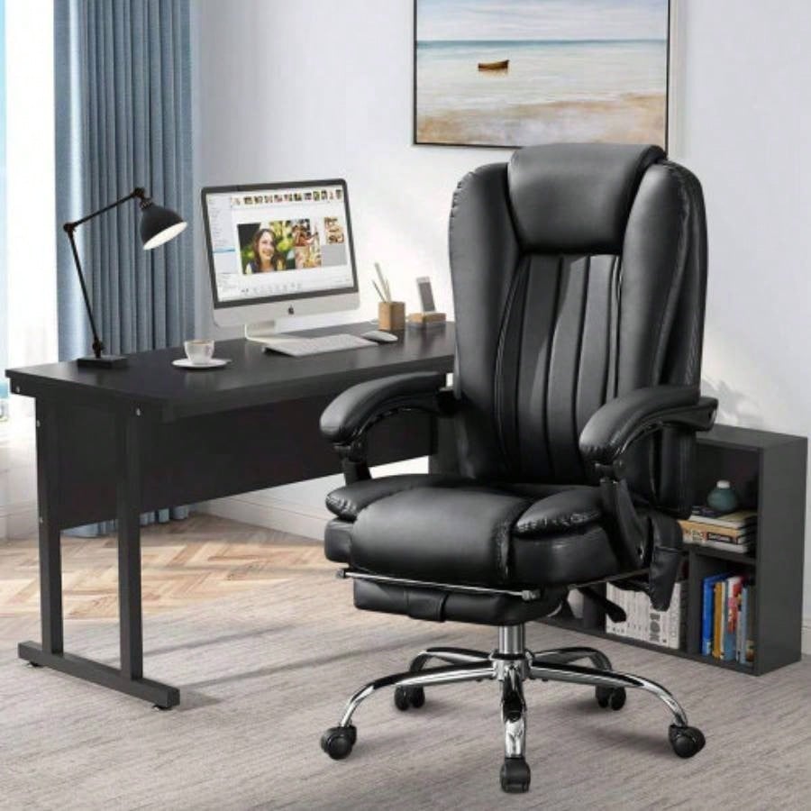 Massage Office Chair with Heat and 6 Vibration Points, Executive Office Chair with Foot Rest and Padded Armrests, Reclining Backrest and Wheels