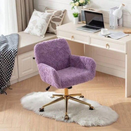 AA Furniture Office Chair, Artificial rabbit hair Home Office Chair with Golden Metal Base, Adjustable Desk Chair Swivel Office Chair, Vanity ChairViolet