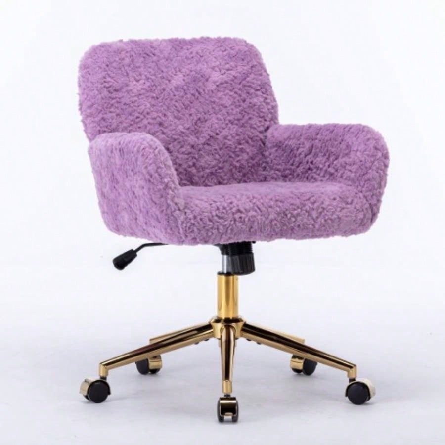 AA Furniture Office Chair, Artificial rabbit hair Home Office Chair with Golden Metal Base, Adjustable Desk Chair Swivel Office Chair, Vanity ChairViolet