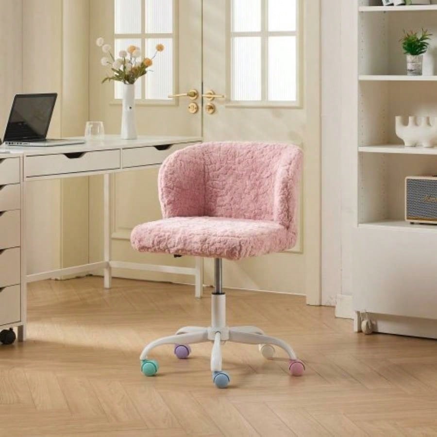 AA Furniture Office Chair, Artificial rabbit hair Home Office Chair with Golden Metal Base, Adjustable Desk Chair Swivel Office Chair, Vanity ChairViolet
