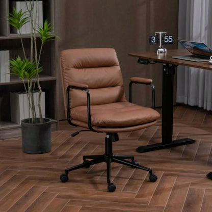 Office Chair, Mid Back Home Office Desk Task Chair with Wheels and Arms Ergonomic PU Leather Computer Rolling Swivel Chair with Padded Armrest, back of chair can recline 40 Brown