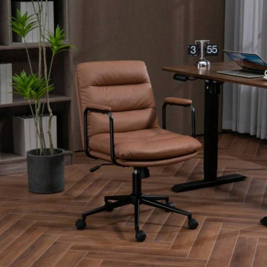 Office Chair, Mid Back Home Office Desk Task Chair with Wheels and Arms Ergonomic PU Leather Computer Rolling Swivel Chair with Padded Armrest, back of chair can recline 40 Brown