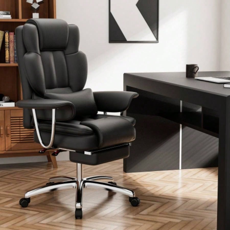 Office Chair, Big and Tall Executive Office Chair with Footrest, Leather Computer Chair, Ergonomic Reclining Chair High Back, Large Home Office Chair Black
