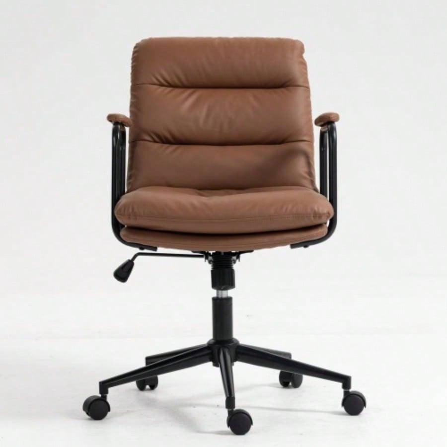 Office Chair, Mid Back Home Office Desk Task Chair with Wheels and Arms Ergonomic PU Leather Computer Rolling Swivel Chair with Padded Armrest, back of chair can recline 40 Brown