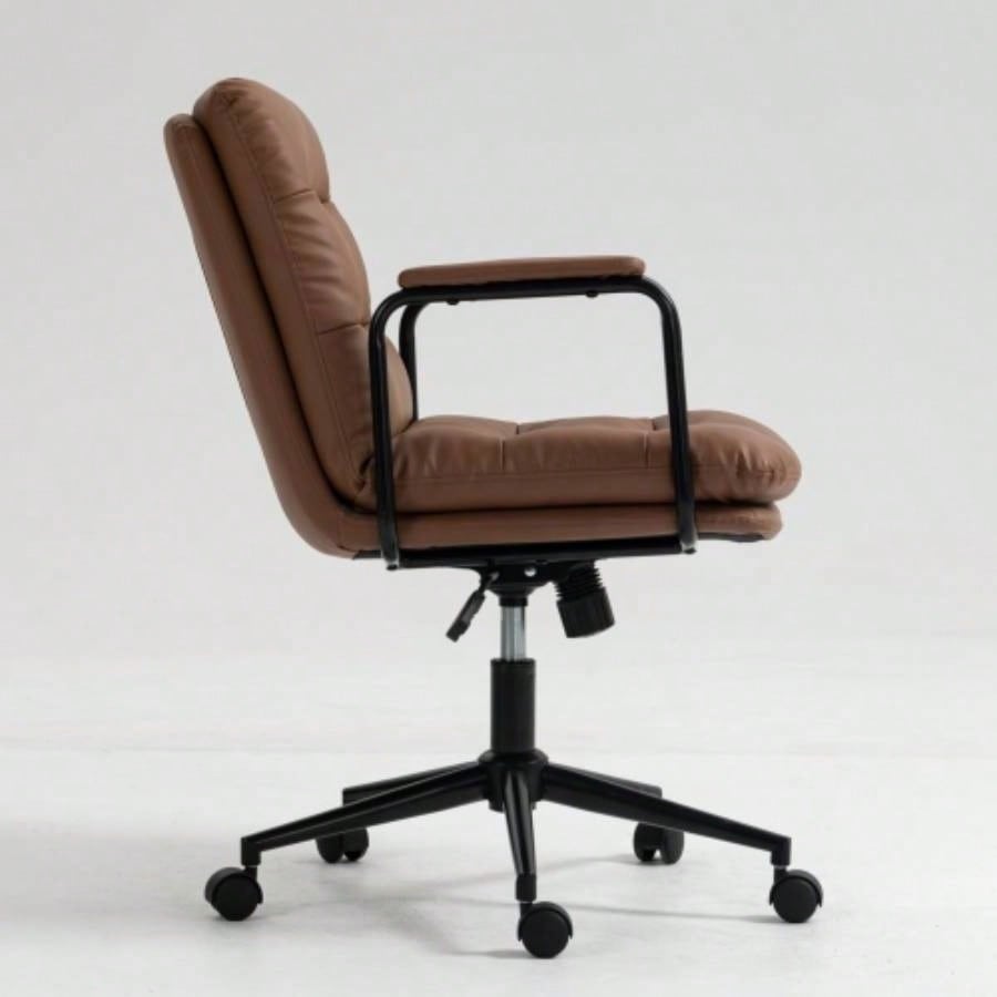 Office Chair, Mid Back Home Office Desk Task Chair with Wheels and Arms Ergonomic PU Leather Computer Rolling Swivel Chair with Padded Armrest, back of chair can recline 40 Brown