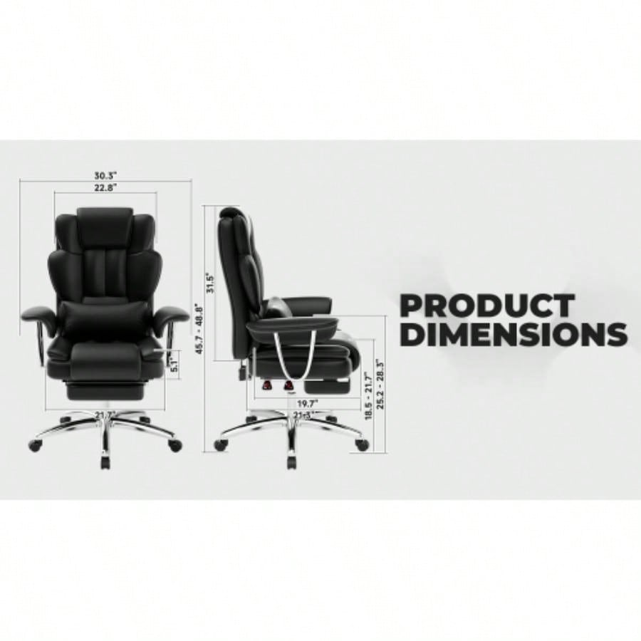 Office Chair, Big and Tall Executive Office Chair with Footrest, Leather Computer Chair, Ergonomic Reclining Chair High Back, Large Home Office Chair Black