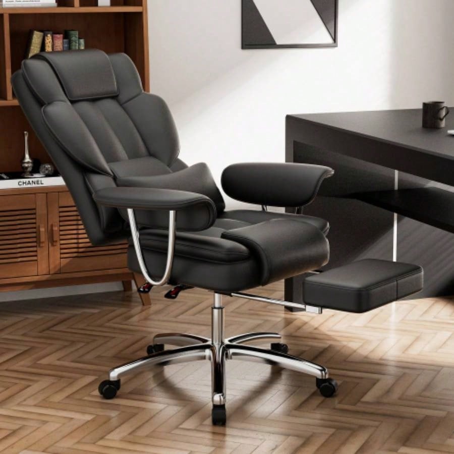 Office Chair, Big and Tall Executive Office Chair with Footrest, Leather Computer Chair, Ergonomic Reclining Chair High Back, Large Home Office Chair Black