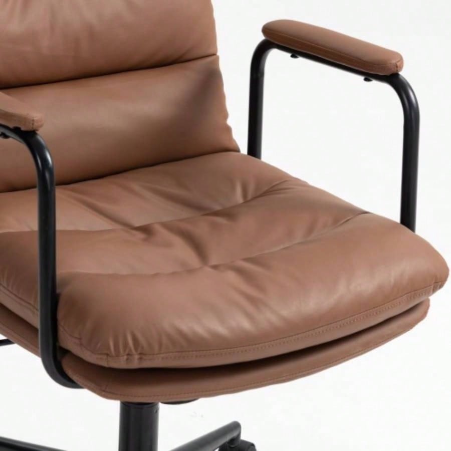Office Chair, Mid Back Home Office Desk Task Chair with Wheels and Arms Ergonomic PU Leather Computer Rolling Swivel Chair with Padded Armrest, back of chair can recline 40 Brown