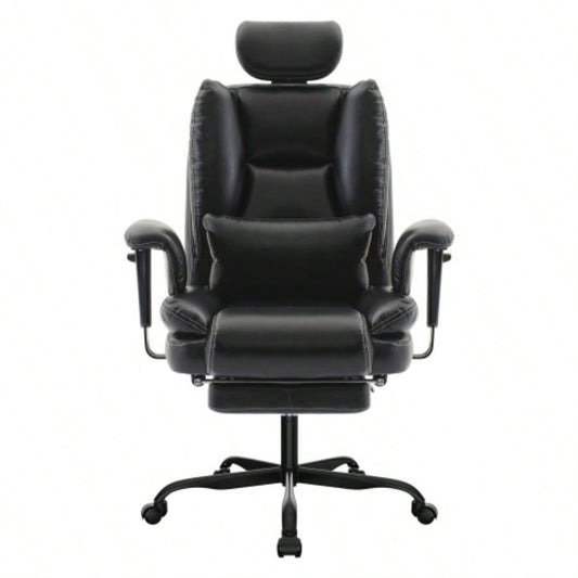 Office Chair Ergonomic 200 kg PU Leather Computer Chair with Lumbar Support and High Backrest, Ergonomic Desk Chair with Liftable Headrest, Black