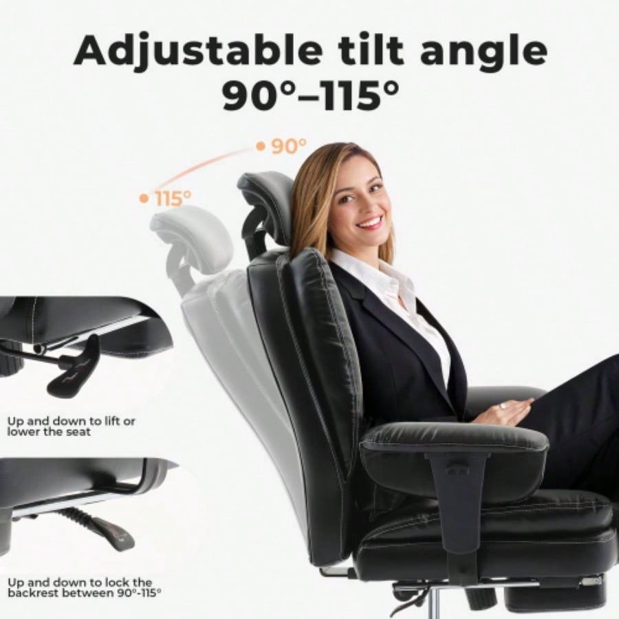 Office Chair Ergonomic 200 kg PU Leather Computer Chair with Lumbar Support and High Backrest, Ergonomic Desk Chair with Liftable Headrest, Black