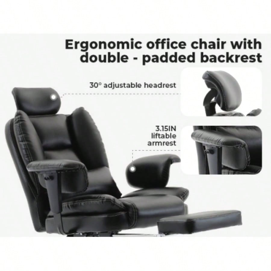 Office Chair Ergonomic 200 kg PU Leather Computer Chair with Lumbar Support and High Backrest, Ergonomic Desk Chair with Liftable Headrest, Black