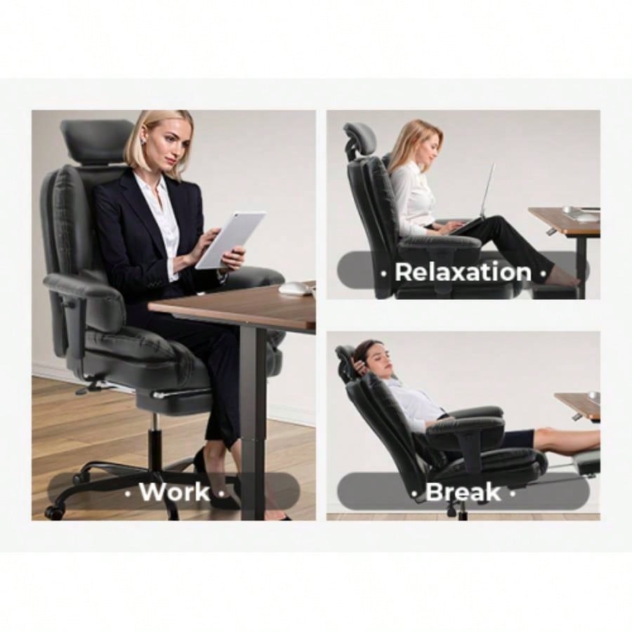 Office Chair Ergonomic 200 kg PU Leather Computer Chair with Lumbar Support and High Backrest, Ergonomic Desk Chair with Liftable Headrest, Black