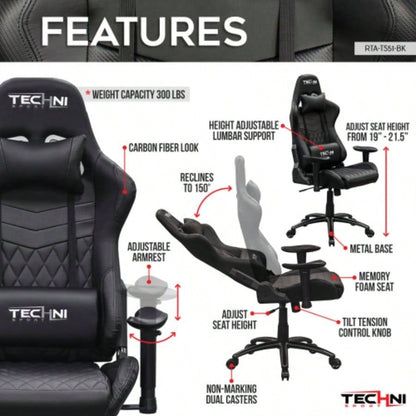 Techni Sport TS - 5100 Ergonomic High Back Racer Style PC Gaming Chair, Black