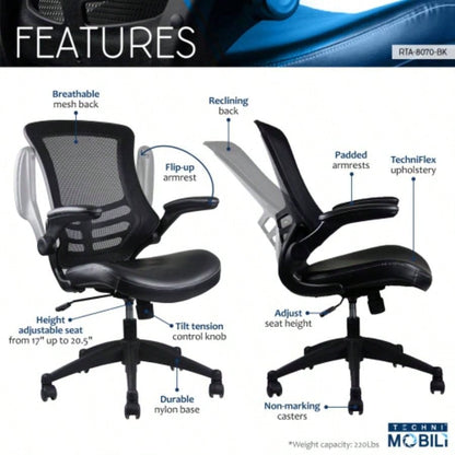 Techni Mobili Stylish Mid - Back Mesh Office Chair with Adjustable Arms, Black