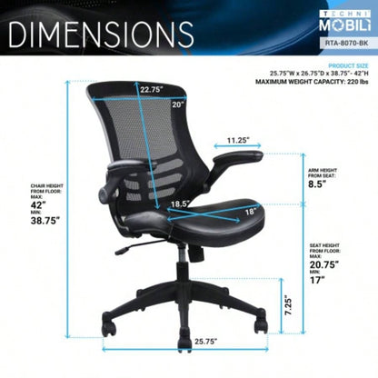Techni Mobili Stylish Mid - Back Mesh Office Chair with Adjustable Arms, Black