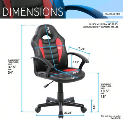 Techni Mobili Kids Gaming and Student Racer Chair with Wheels, Red