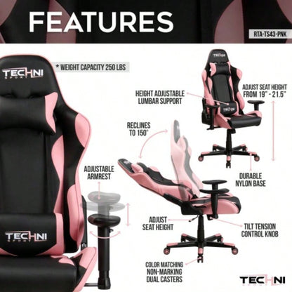 Techni Sport TS - 4300 Ergonomic High Back Racer Style PC Gaming Chair, Pink