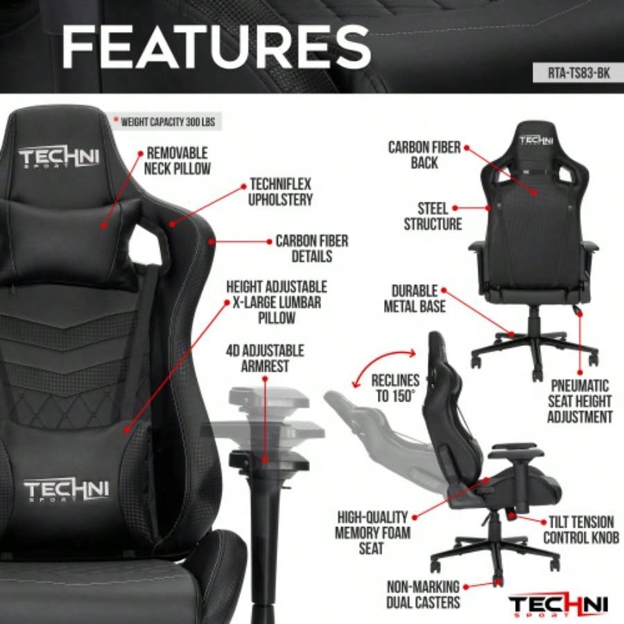 Techni Sport TS - 83 Ergonomic High Back Racer Style PC Gaming Chair, Black