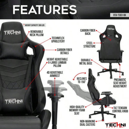 Techni Sport TS - 83 Ergonomic High Back Racer Style PC Gaming Chair, Black