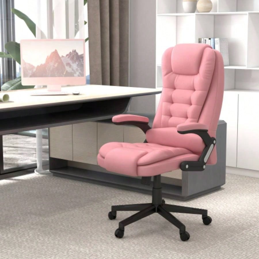 HOMCOM High Back Vibration Massage Office Chair with 6 Vibration Points, Heated Reclining PU Leather Computer Chair with Armrest and Remote, Pink