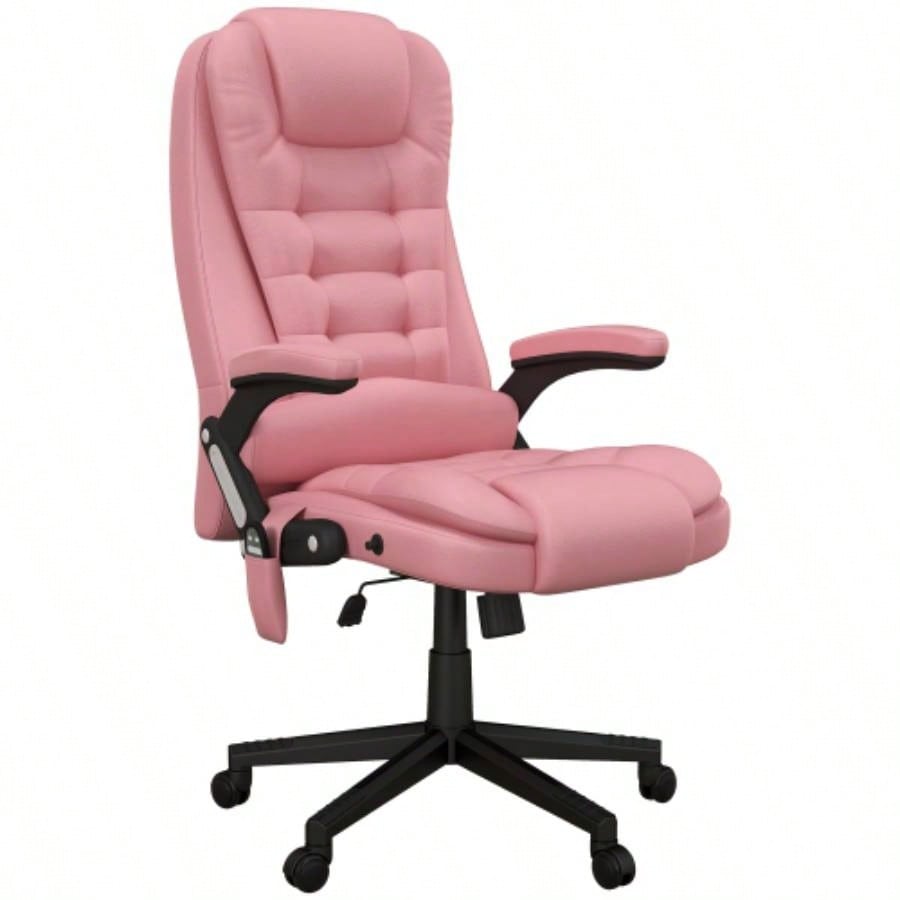 HOMCOM High Back Vibration Massage Office Chair with 6 Vibration Points, Heated Reclining PU Leather Computer Chair with Armrest and Remote, Pink