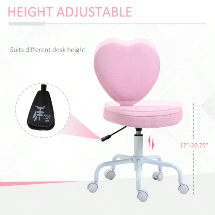 HOMCOM Heart Love Shaped Back Design Office Chair with Adjustable Height and 360 Swivel Castor Wheels, Pink