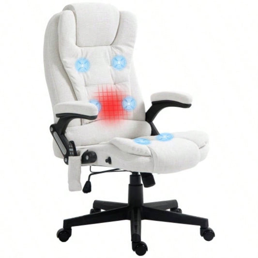HOMCOM 6 Point Vibrating Massage Office Chair with Heat, Linen High Back Executive Office Chair with Reclining Backrest, Padded Armrests and Remote, White
