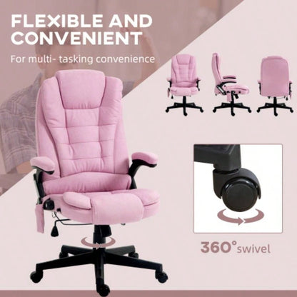 HOMCOM 6 Point Vibrating Massage Office Chair with Heat, Linen High Back Executive Office Chair with Reclining Backrest, Padded Armrests and Remote, Pink
