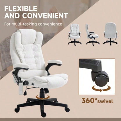 HOMCOM 6 Point Vibrating Massage Office Chair with Heat, Linen High Back Executive Office Chair with Reclining Backrest, Padded Armrests and Remote, White