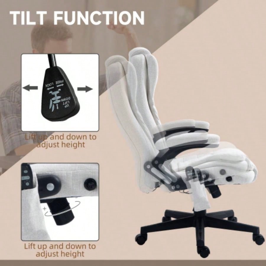 HOMCOM 6 Point Vibrating Massage Office Chair with Heat, Linen High Back Executive Office Chair with Reclining Backrest, Padded Armrests and Remote, White