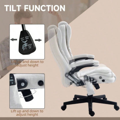 HOMCOM 6 Point Vibrating Massage Office Chair with Heat, Linen High Back Executive Office Chair with Reclining Backrest, Padded Armrests and Remote, White