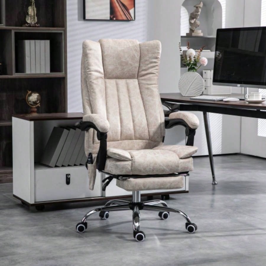Vinsetto Microfiber Office Chair, High Back Computer Chair with 6 Point Massage, Heat, Adjustable Height and Retractable Footrest, White